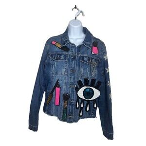 ENJEAN Women’s Sequin Denim Jean Jacket  Sz L Makeup Patches, Eye & Butterflies